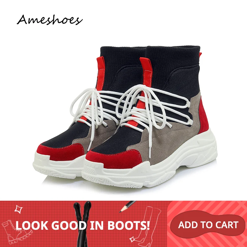

2019 Fashion White Red Women Ankle Boots Sneakers Sock Boots Lace Up Ladies Boots EU Size 33 -46