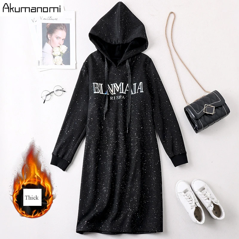 

Plus Size 5xl Autumn Winter Letter Knitted Black Dress Women Hooded Long Sleeve Casual Office Dress Vestidos Robe Sukienki Jurk