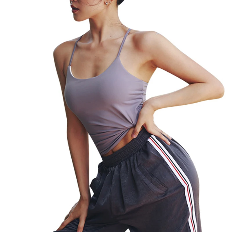 Лидер продаж, женские спортивные футболки без рукавов, жилет с нагрудной подкладкой для йоги, тренажерного зала, топы на бретелях