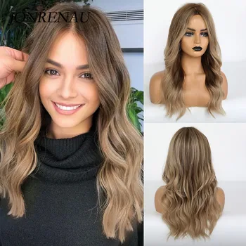 

JONRENAU Synthetic Ombre Light brown Wigs Water Wave Middle Part Cosplay Wigs for White/Black Women Heat Resistance Fiber