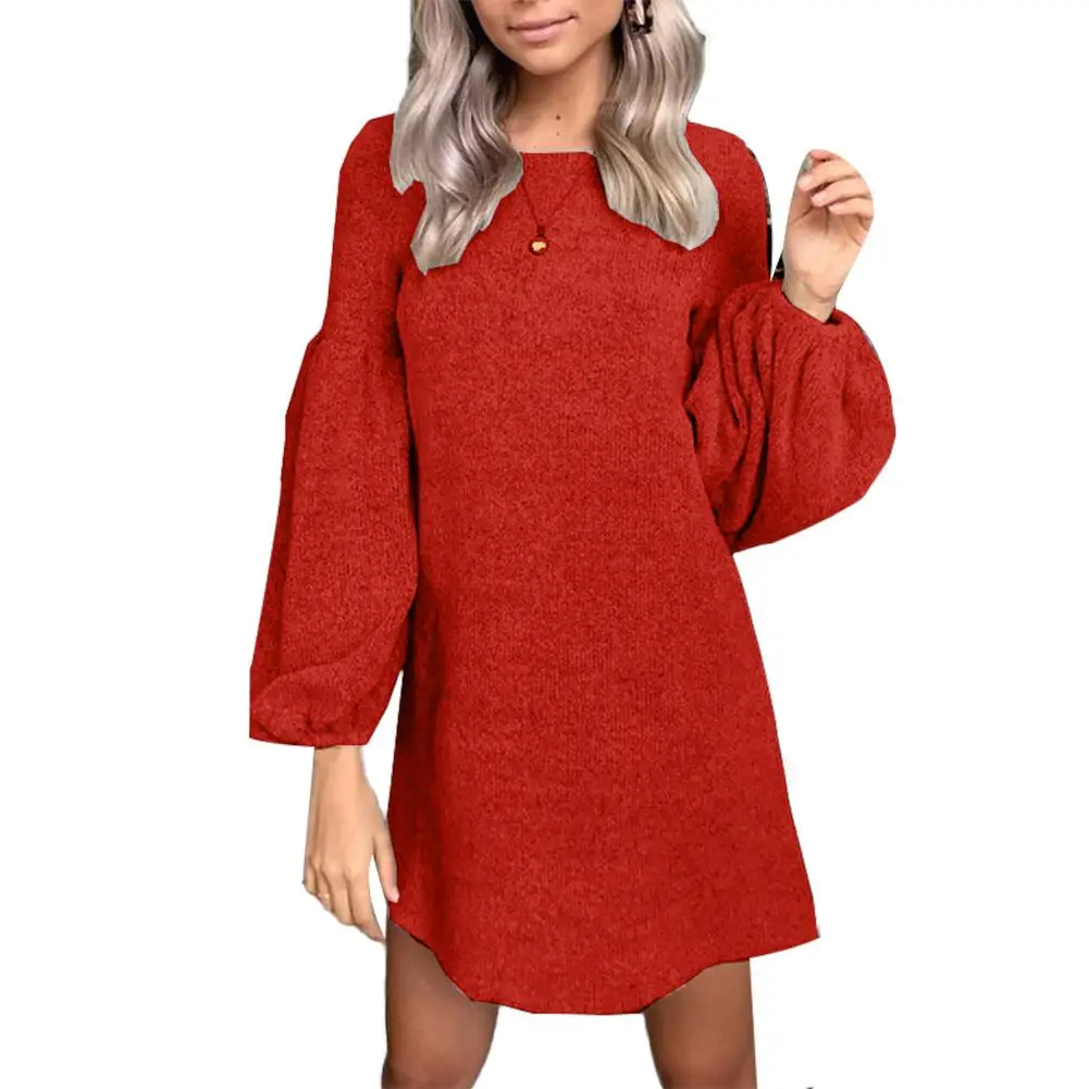 

Chic Women Dress Autumn Solid Color Long Puff Sleeve Dresses Warm Knitted Sweater Mini Dress vestido de festa  