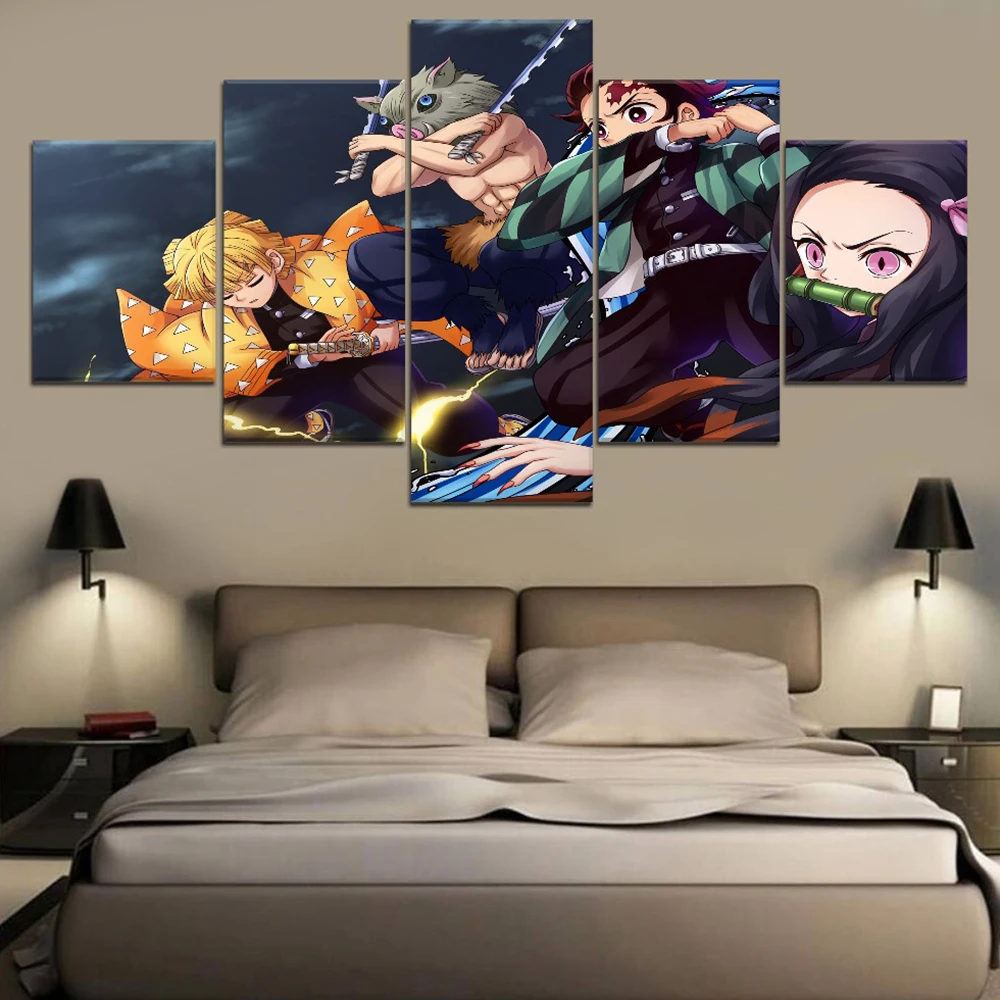 Wall Art Nordic Printed Poster 5 Piece Anime Demon Slayer HD Kimetsu Canvas Home Decor Painting Boys Room Modular Picture Framed | Дом и сад