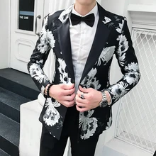 Мужские спортивные пиджаки для выпускного, мужские осенний блейзер для сцены, мужские блейзеры с цветами, клубный приталенный Блейзер с цветочным принтом, Masculino