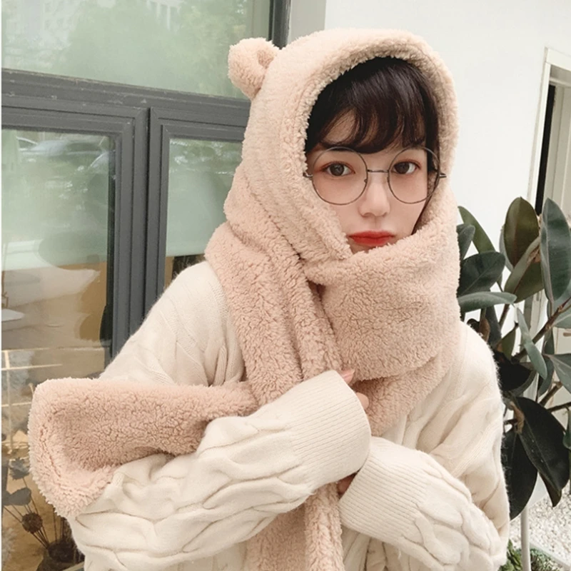 

Women Winter 2 In 1 Hooded Long Scarf Beanie Hat Cute Bear Ears Thicken Fluffy Plush Earflap Cap Thermal Neck Warmer