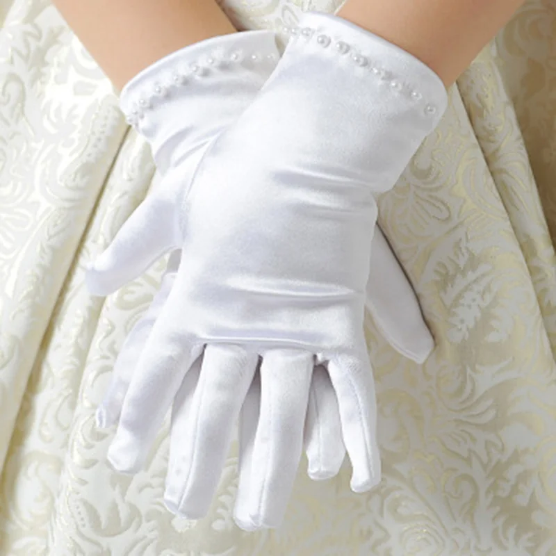 Kids Gift White Elastic Girls formal Etiquette Gloves Pearl Short Lace Bow Halloween Christmas Children Princess Dance Glove G64