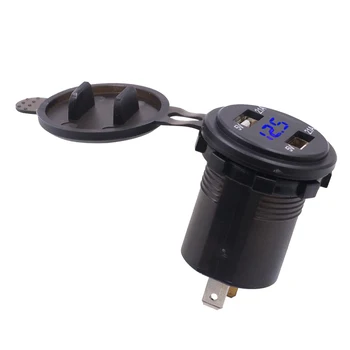 Car Boat 12V 4.2A Dual Port USB Charger Socket Voltage Voltmeter Blue