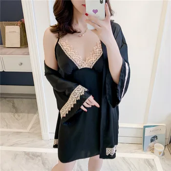 

2 Pcs Lace Robe & Gown Sets For Women Breathable Soft Faux Silk Night Dress Female Sleepwear Sexy Nightgowns Casual Homewear