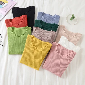 

Hot Sale 1PC 2019 New High Quality Sweater Women Basic O-neck Autumn Slim Solid Knitted Pullovers Spring Sweater cheap top