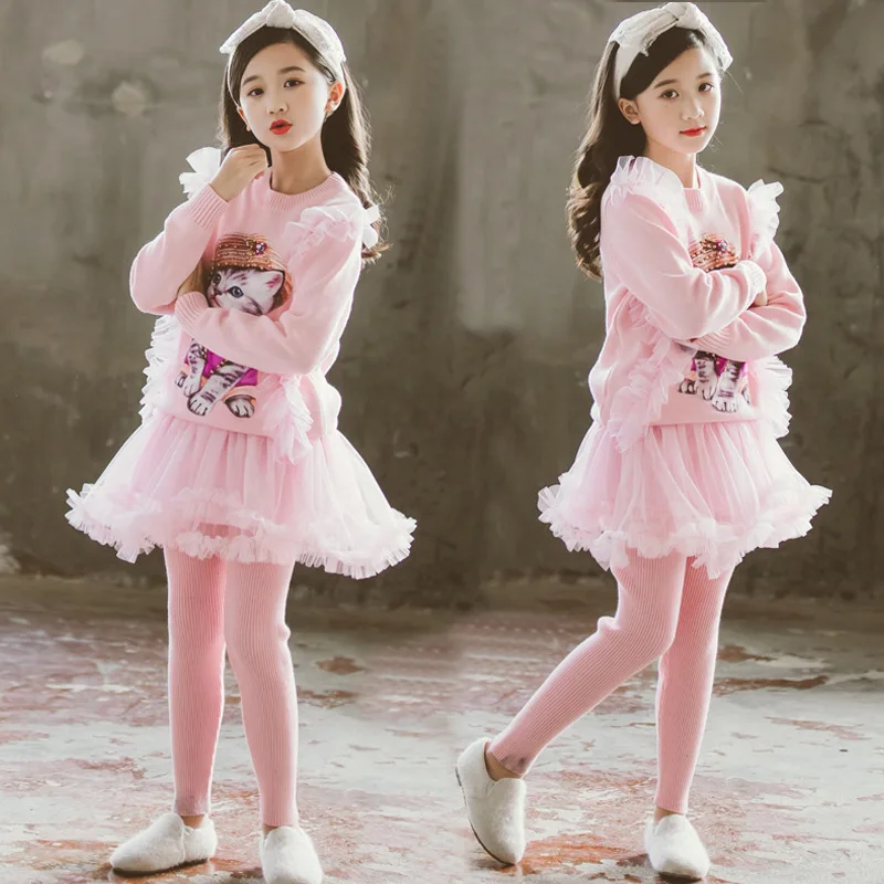 

New Arrival Girls Christmas Cartoon Sweater Clothing Set Cute Cat Sweaters + Skirt Pants Suits Children Knitted Clothes Set
