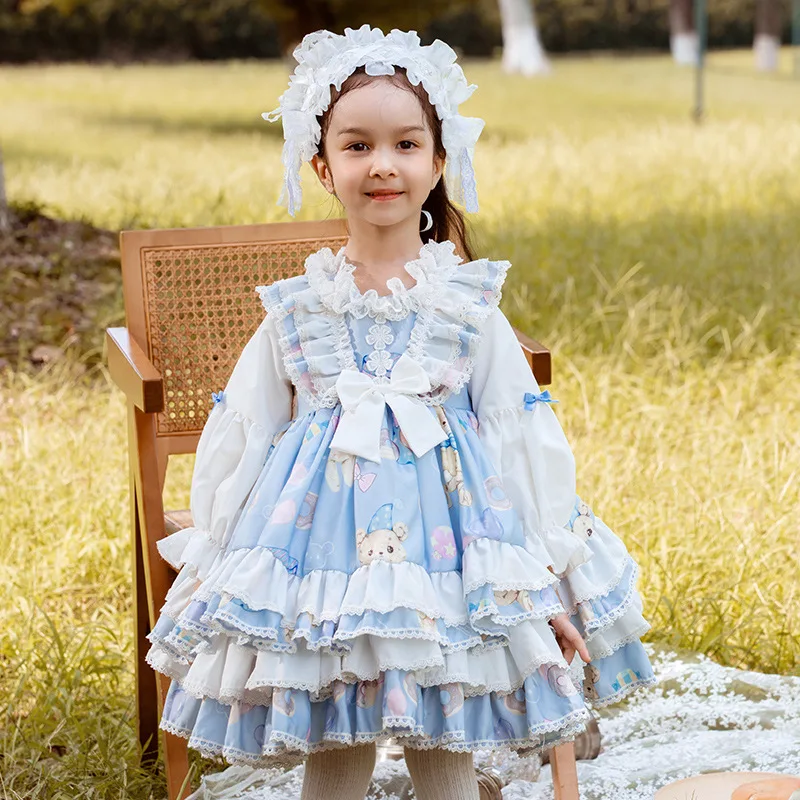 Sweet Cute Kid Princess Dress Exquisite Print Bear Loli Lolita Dress Soft Cotton Girl Halloween Carnival Stage Performance Suit