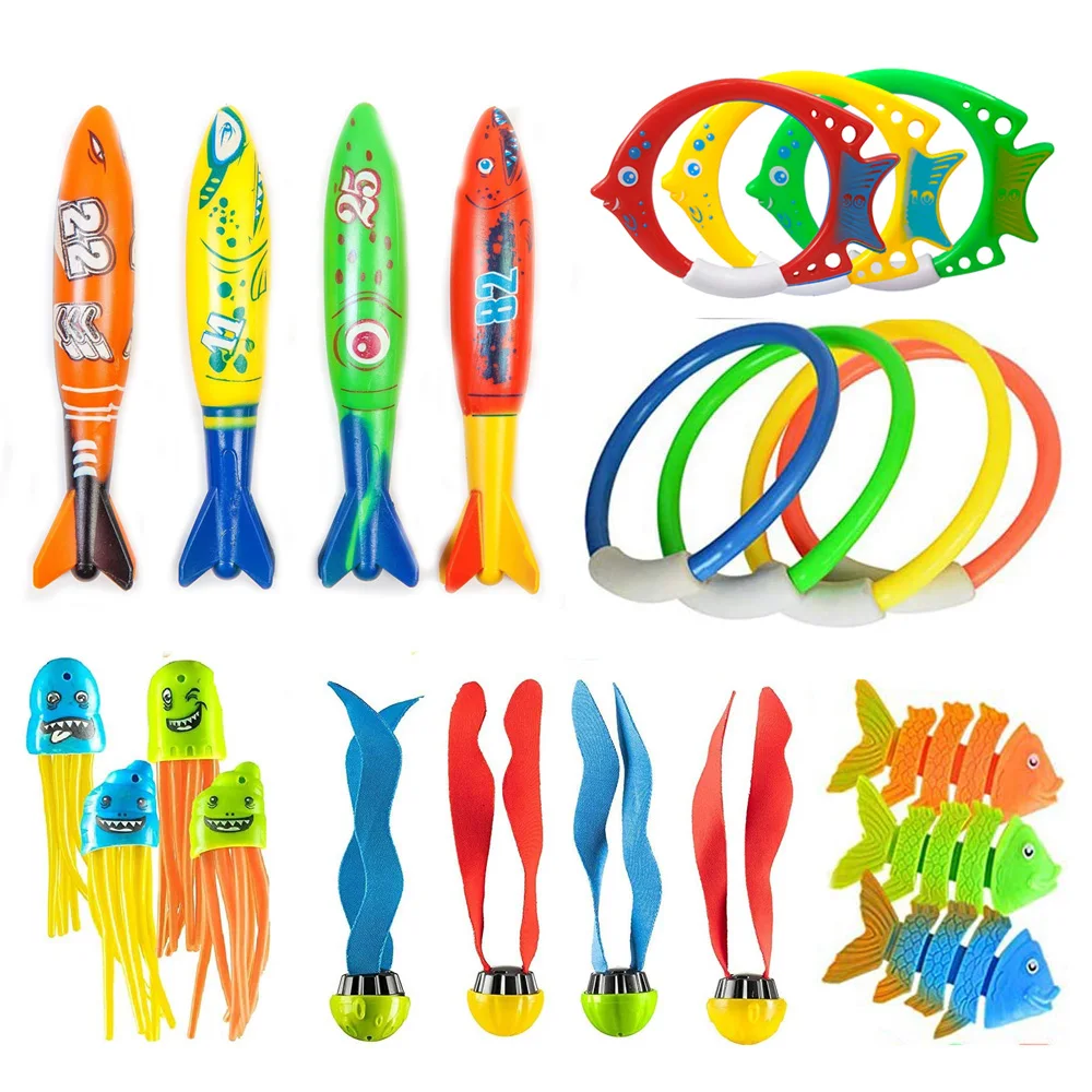 OUTLEE 24Pcs Underwater Swimming Diving Pool Toys Training Toys Including 4Pcs Diving Rings 5Pcs Diving Sticks 4Pcs Torpedo Bandits 3Pcs Stringy Octopus and 8Pcs Under Water Treasures Gift Set Bundle 