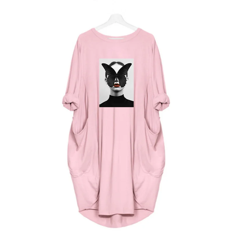 Plus Size Nordic Art Dress Butterfly Girl Cool Women Midi Dresses O-Neck Autumn Thin Long Sleeve Pockets Loose Party Vestidos
