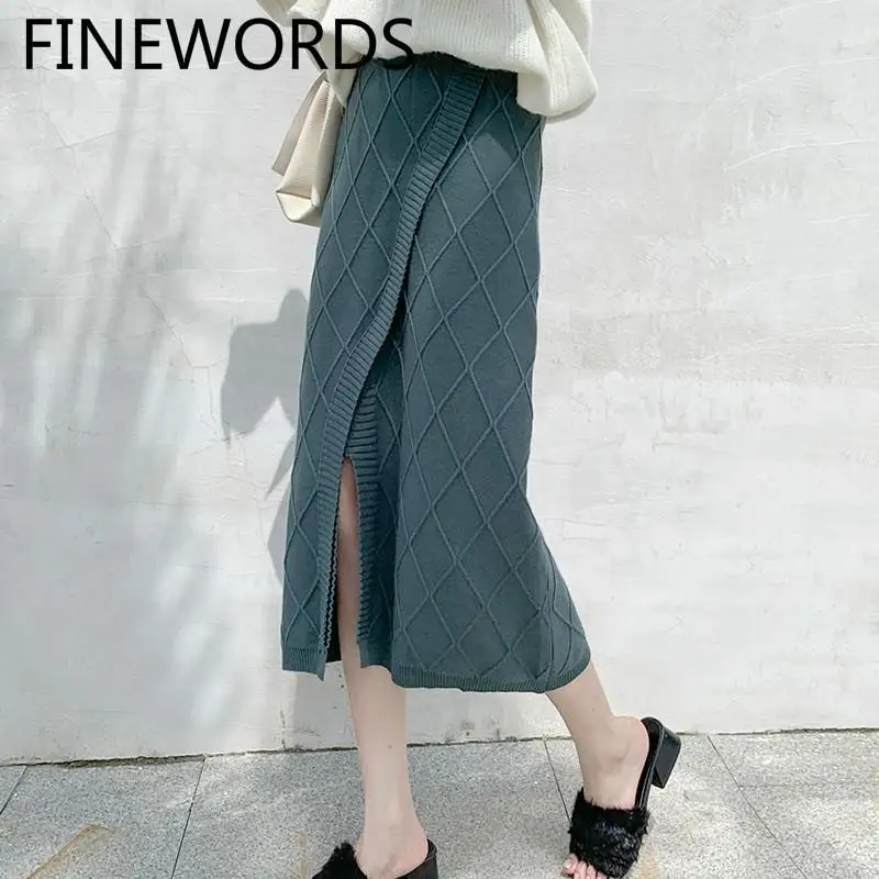 FINEWORDS, тонкая трикотажная юбка-карандаш с разрезом, для женщин, s, элегантная, весна, сплошные, длинные юбки для женщин, Корейская, с высокой талией, юбка миди - Цвет: Blue