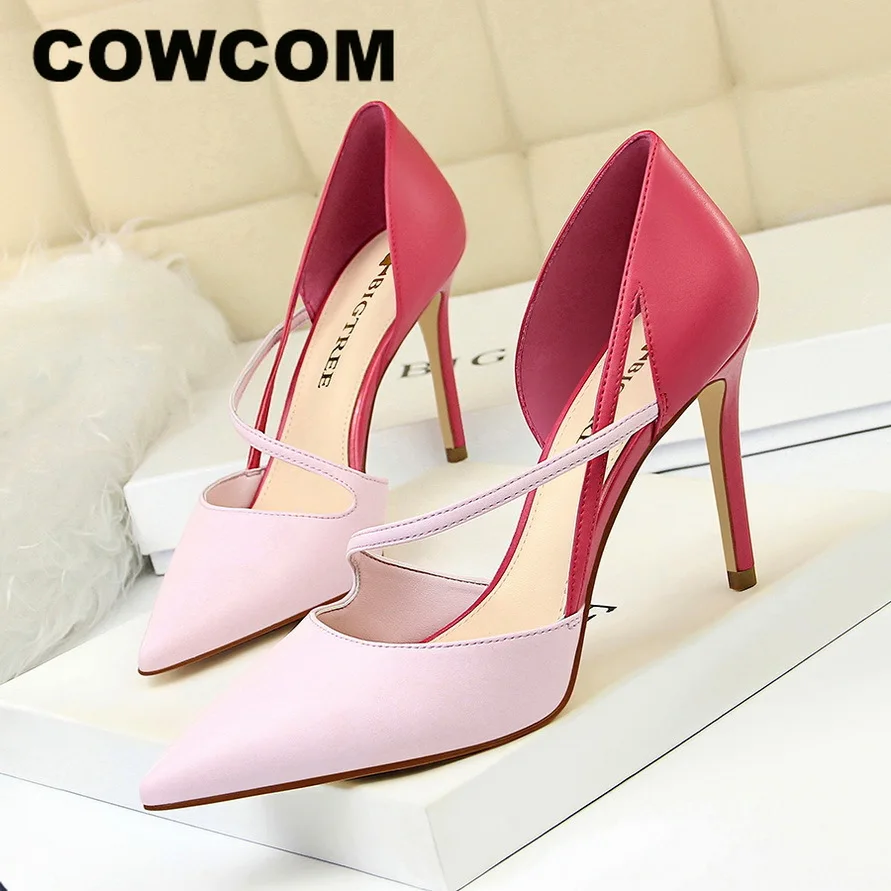 

COWCOM 9.5cm Sweet High Heel women's high-heeled Shallow Mouth Pointed Color Matching Hollow With Thin Single Shoes DS-830-2