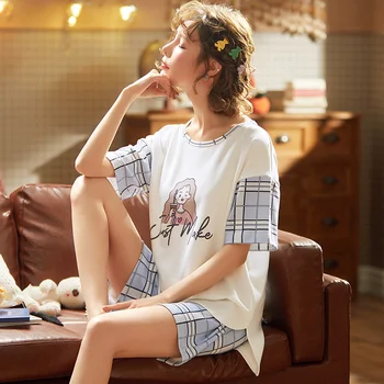 

2020 Summer Casual Pajama Sets For Women Short Sleeve Pyjamas For Girl Loose Leisure Sleepwear 100% Cotton Good Quality