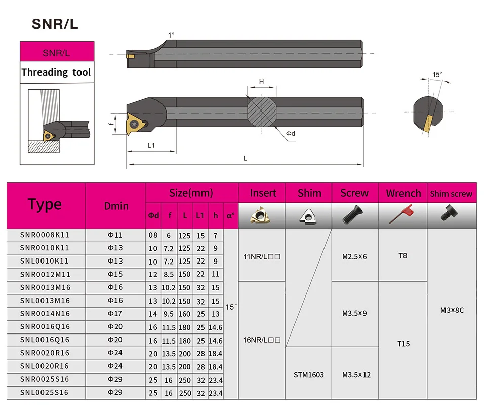 16mmSHK×180mm SNR0016Q16 Internal Thread Tool Holder for Insert 16IR**or 16NR**
