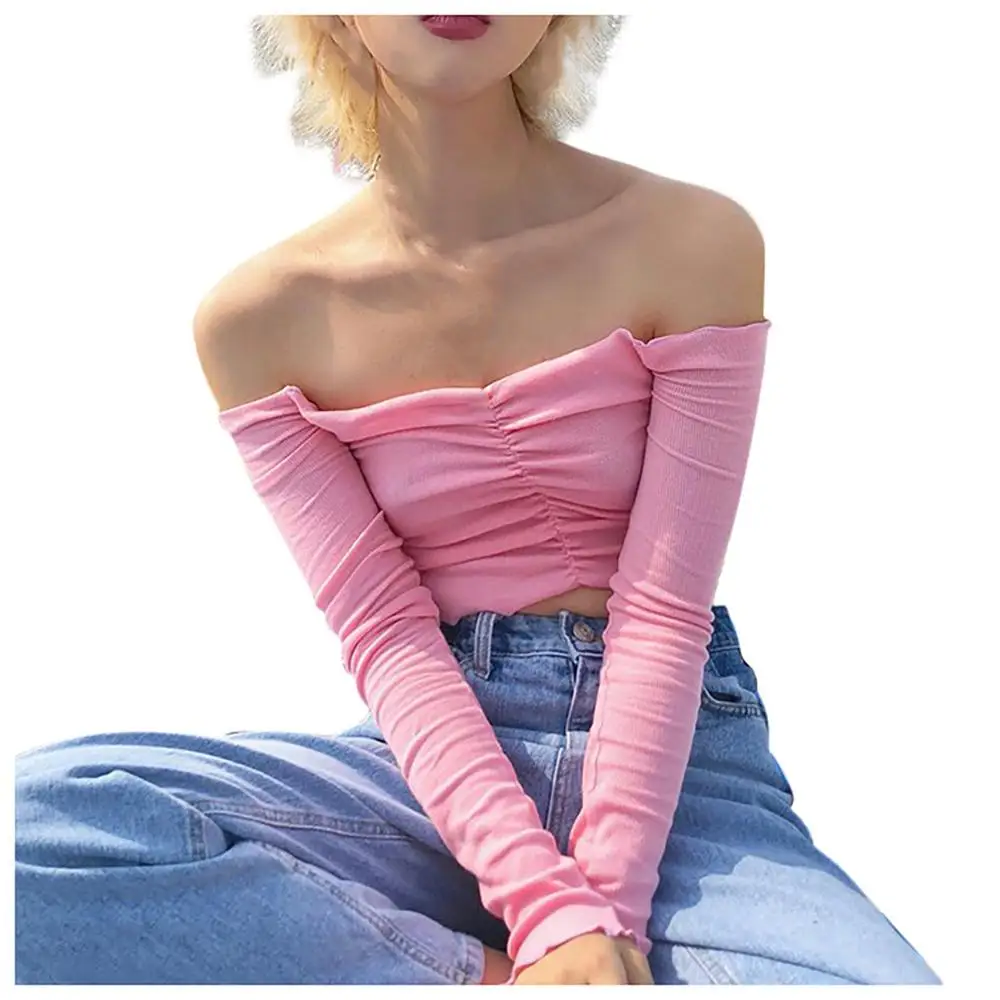 Женская осенне-зимняя модная женская Повседневная Однотонная футболка с длинными рукавами и рюшами, блузка с открытыми плечами, топ с длинными рукавами, blusa BB3M - Цвет: Pink