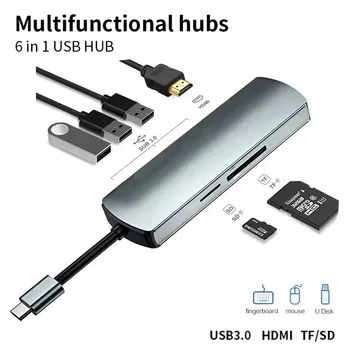 

6 in 1 Type-C to USB 3.0 TF HDMI SD Mini DP Hub Adapter Laptop Docking Station Silicone Anti-skid Pads with breathing light hub