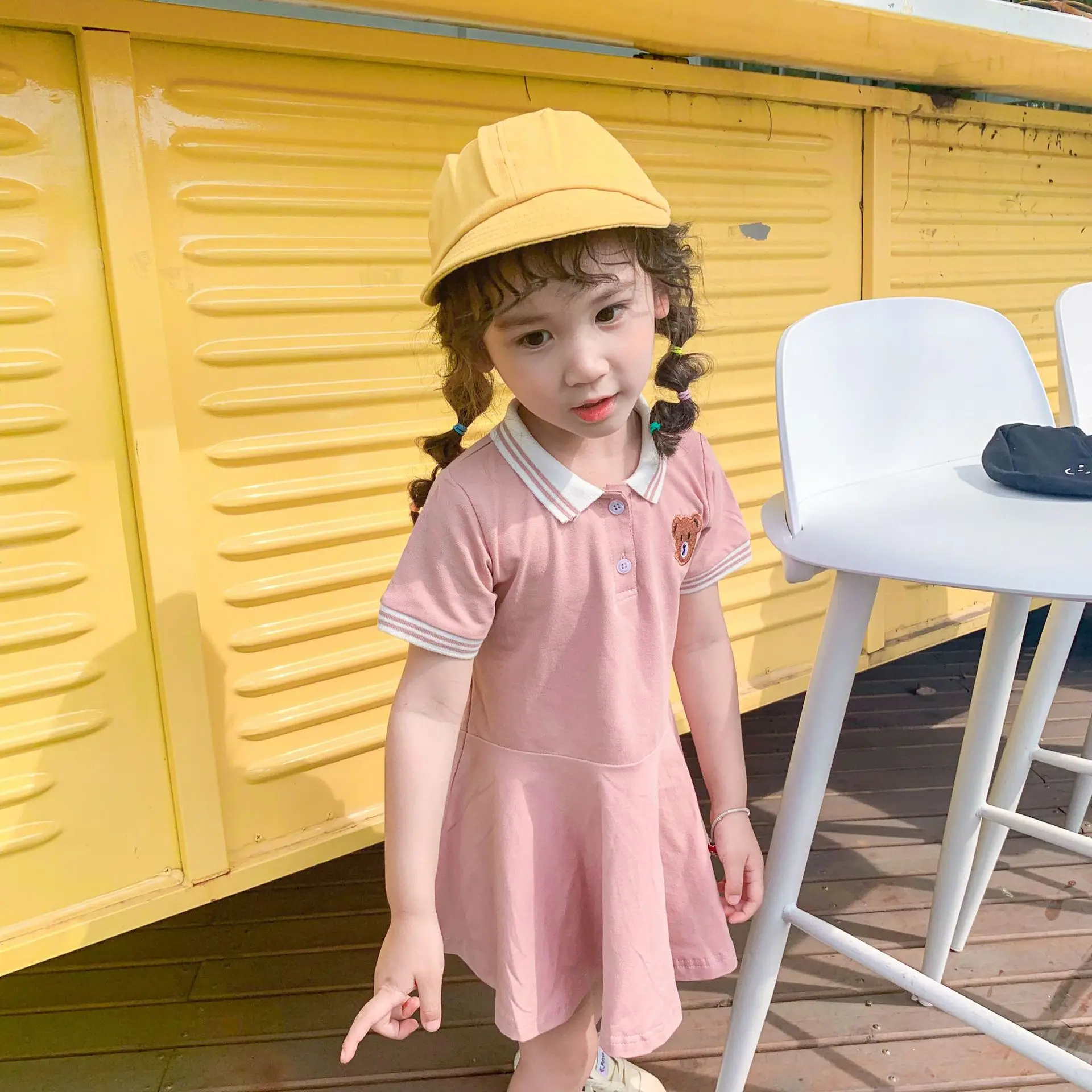 Детская одежда в Корейском стиле; летняя одежда для девочек; детское платье-рубашка-поло; плиссированная юбка; платье с короткими рукавами