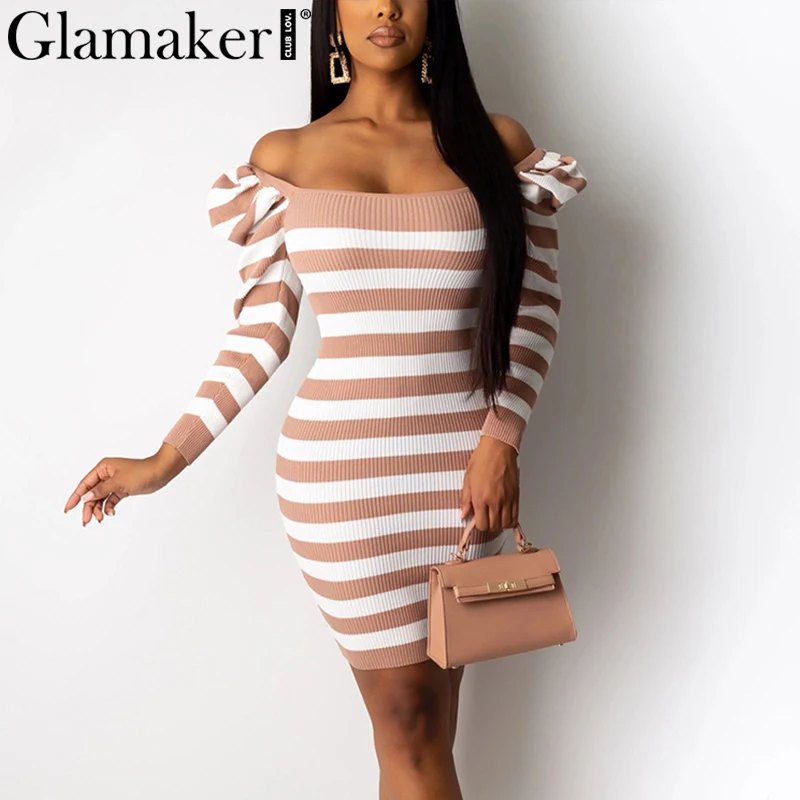 Розовый Glamaker женское Короткое сексуальное платье в полоску с пышными рукавами черное белое весеннее летнее облегающее платье с квадратным вырезом вечернее платье с длинным рукавом - Цвет: Розовый