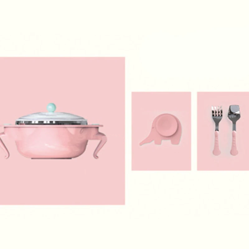 Children's tableware stainless steel anti-drop bowl sucker bowl food supplement bowl spoon pink green 4 piece set