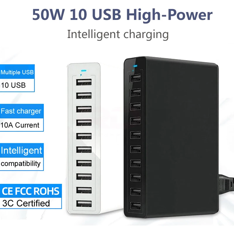 50 Вт Мульти USB зарядное устройство быстрое для зарядки 10 мульти-порт смартфонов
