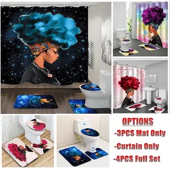 

African Girl Bathroom Polyester Shower Curtain Pedestal Rug Lid Toilet Cover Mat Home Suppliers