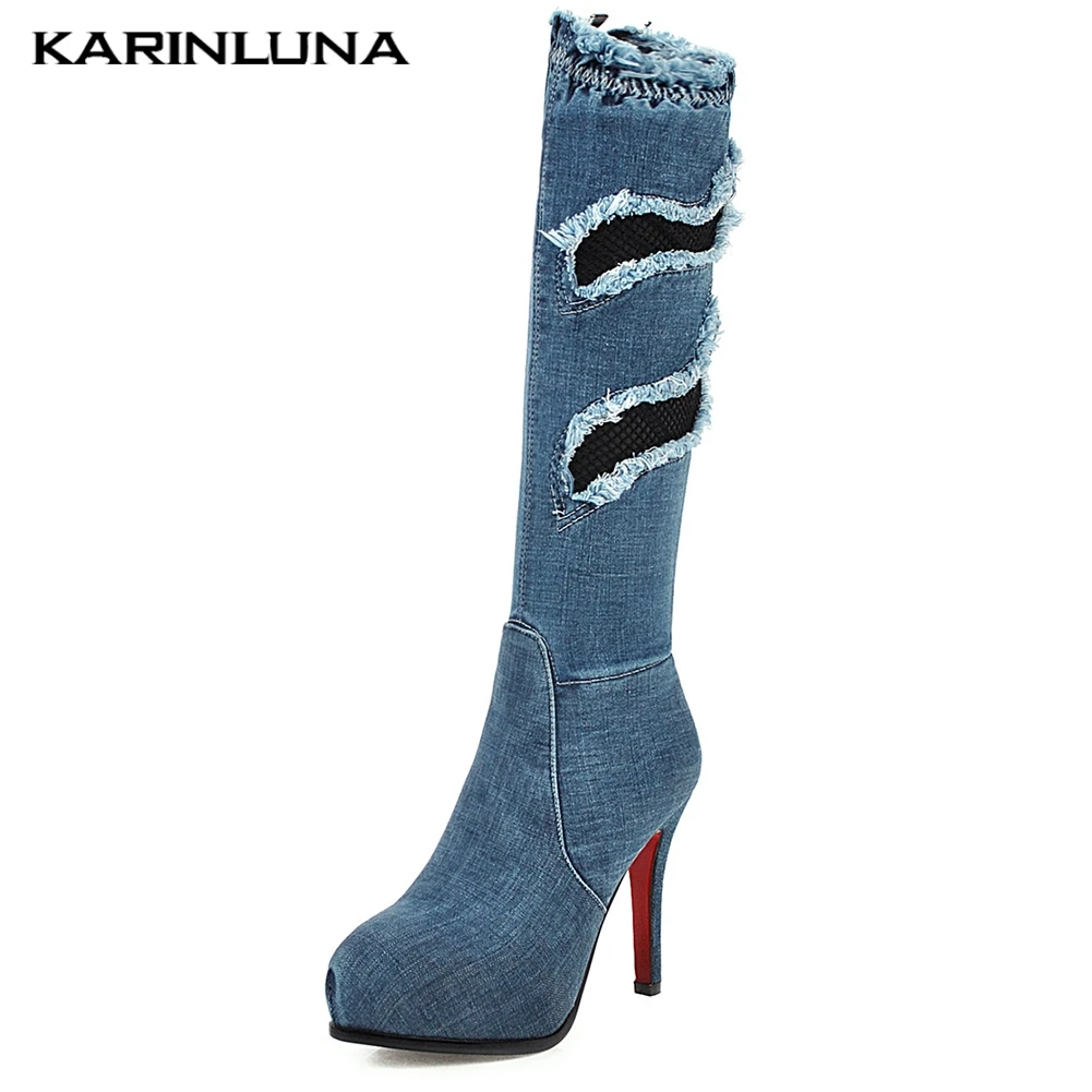 

Karinluna Brand Design Denim Boots Women Shoes Winter Platform Sexy High Heels Knee High Boots Sexy Boots Woman large Size 43