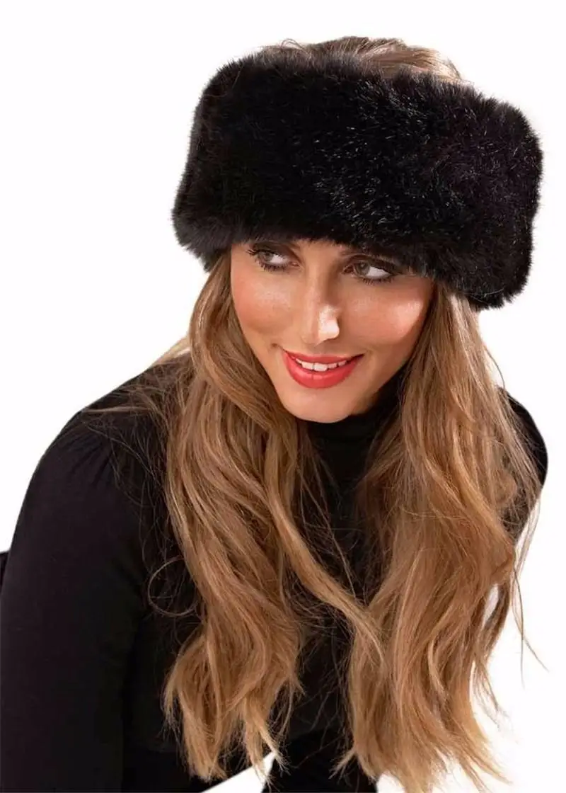 New Russian Style Fox Faux Fur Turban Cap Women Winter Earwarmer Earmuff Hat Ski Hat Fluffy Snow Cap Hairband Outdoor Ski Hats - Цвет: Черный