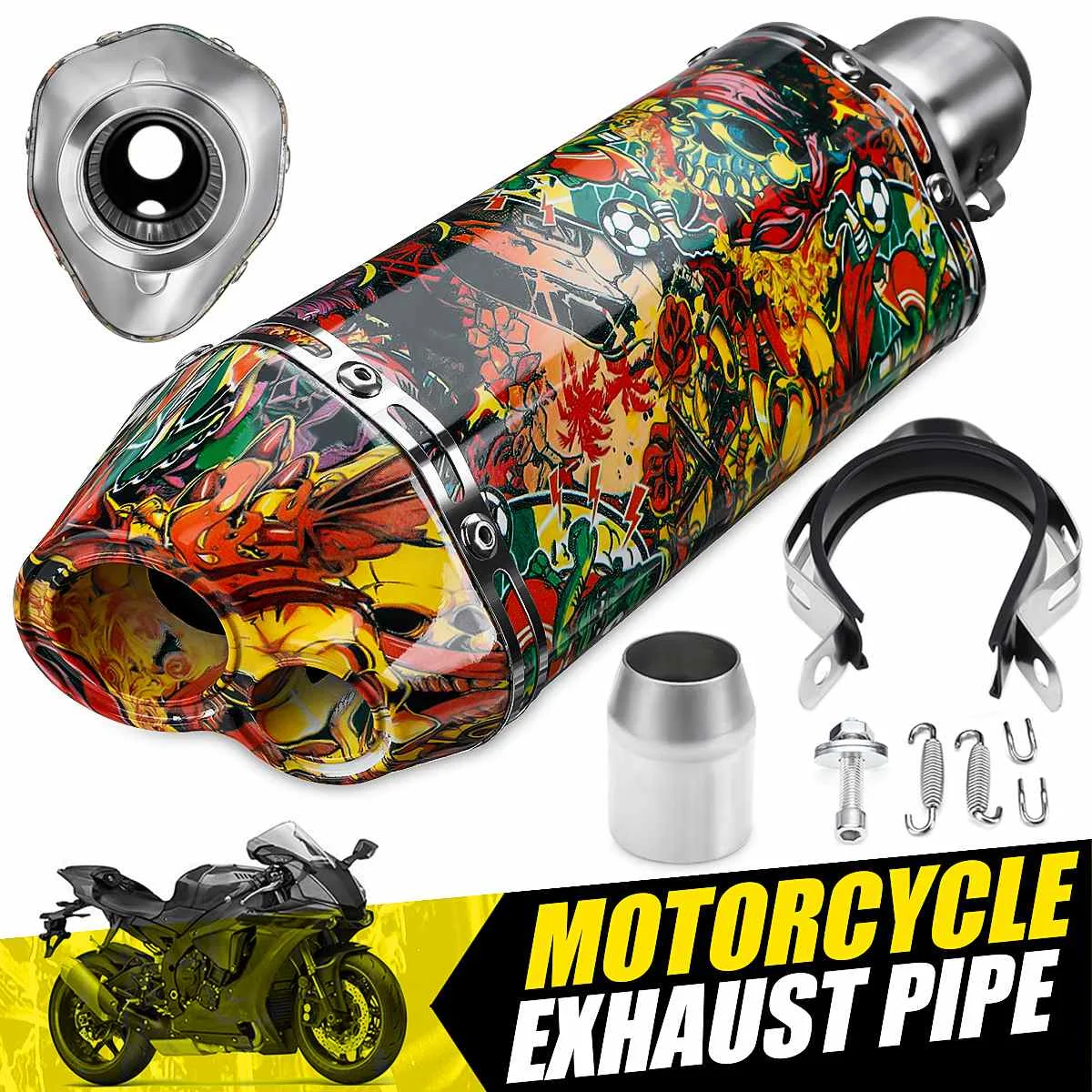 

38-51mm Universal Motorcycle Exhaust Pipe Muffler Pipe Exhaust Muffler Stainless Steel Dual Outlet Motobike Zombie Pattern