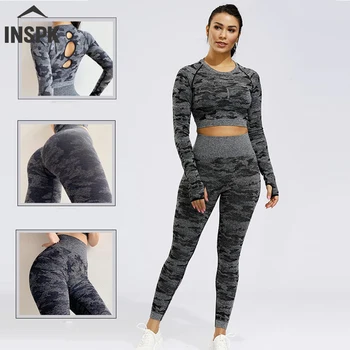 

Women Fitness Wear,Camouflage Women's Tracksuits,Autumn Winter Yoga And Fitness Clothing Female,Top +High Waist Energy Seamless
