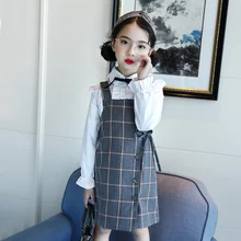 Модные весенне-Осенние Комбинезоны для маленьких девочек хлопковый комбинезон в клетку с бантом детская одежда в консервативном стиле Vestidos Для детей от 5 до 14 лет