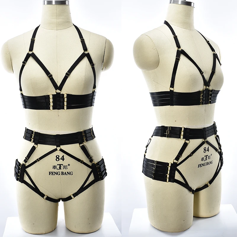 

Black Body Harness Set Adjust Open Chest Bra Rave Wear Bodysuit Sexy Lingerie Bondage Stockings Leg Garter Belt Fetish Body Cage