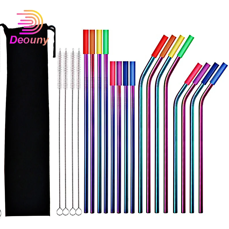 

DEOUNY Metal Straws 16Pcs Reusable Drinking Rainbow Multi Tubes Colored Cocktail For 20 24 30 OZ Tumblers With Tips Brush Bar