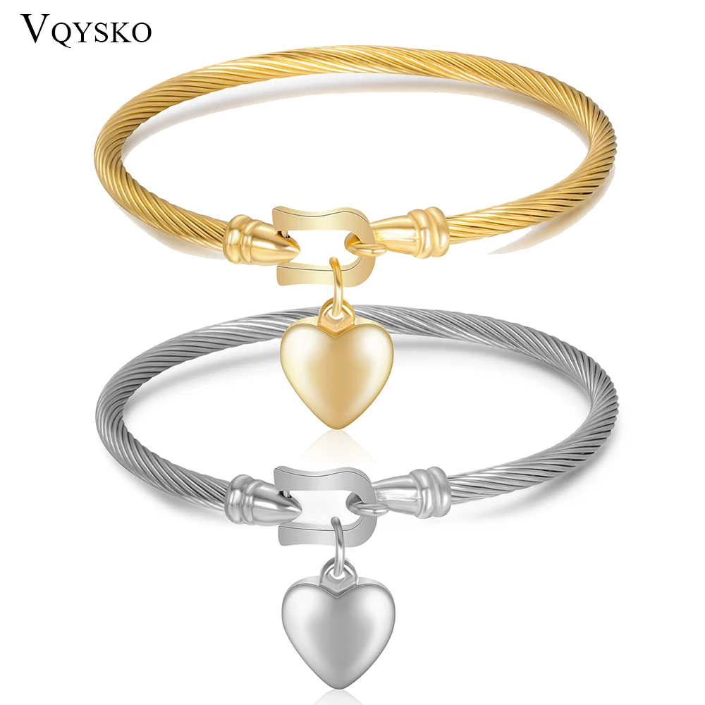 

Cable wire Open Bangle Bracelets Stainless Steel Love Heart Charm Bracelet For Women Friendship Gift