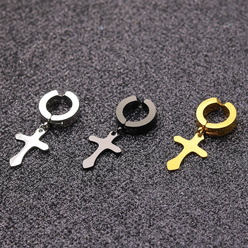 

2Pcs/Lot Fake Piercing Earrings Gold Black Silver Stainless Steel Clip-on Non-piercing Cross Earrings Women Men 2019 Fashion