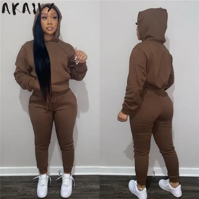 Akaily Autumn Gray 2 Two Piece Sets Tracksuit Womens Outfits Black Fleece Hoodies Pants Sets Suits Ladies Sweatsuit For Women 1