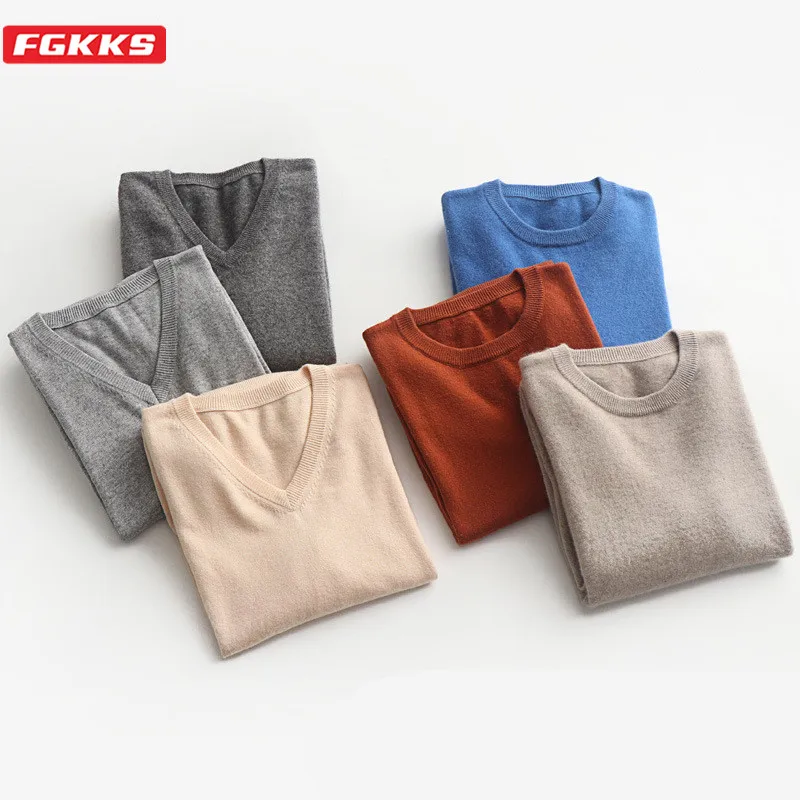 

FGKKS Quality Brand Men O-Neck V-Neck Sweater New Men's Solid Color Wool 30% Pullover Luxurious Casual Sweaters Male
