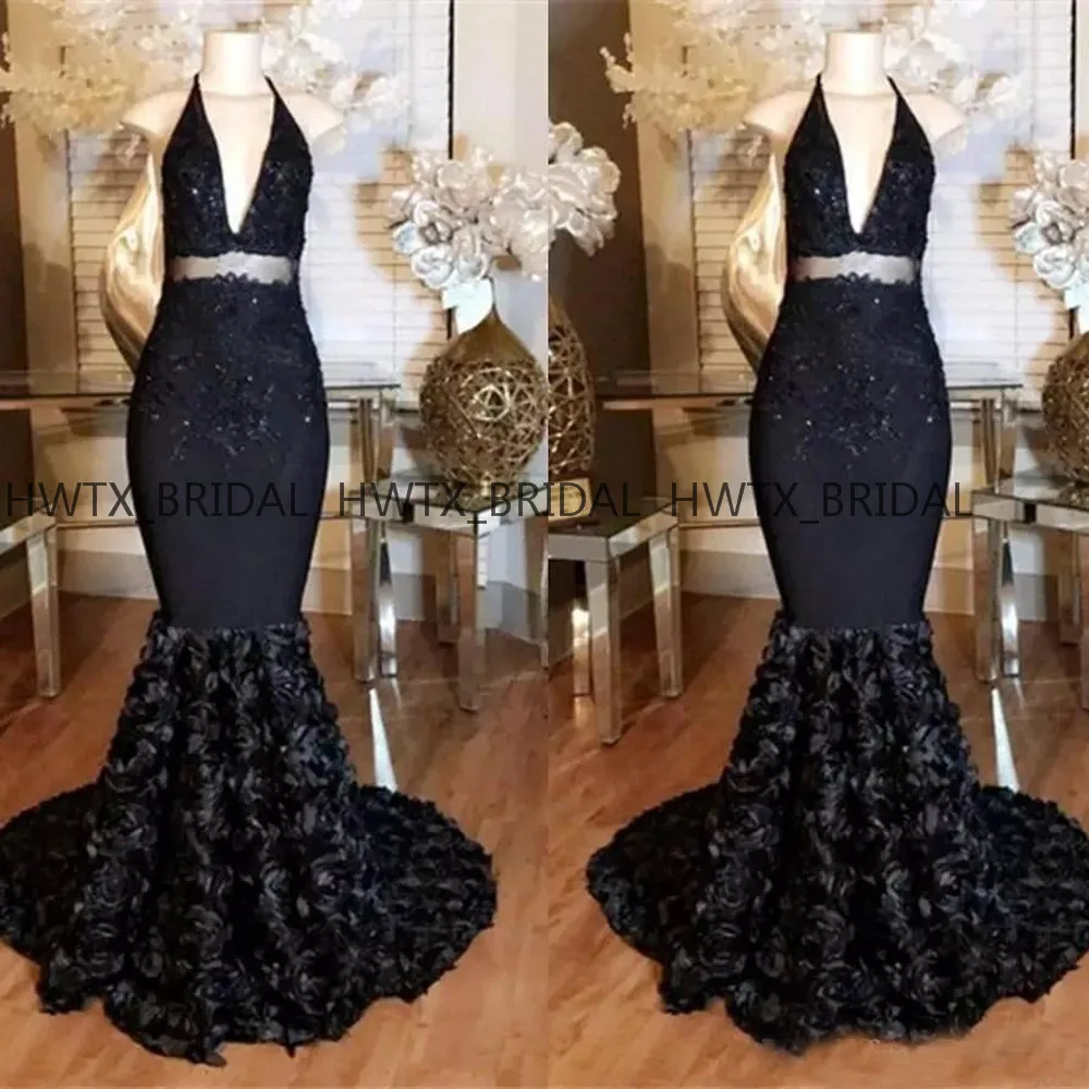 Vestidos de fiesta de noche, 3D Цветы, кружевное вечернее платье,, Холтер, сексуальное, Русалка, длинное, Африканское, черное, выпускное платье, официальное платье