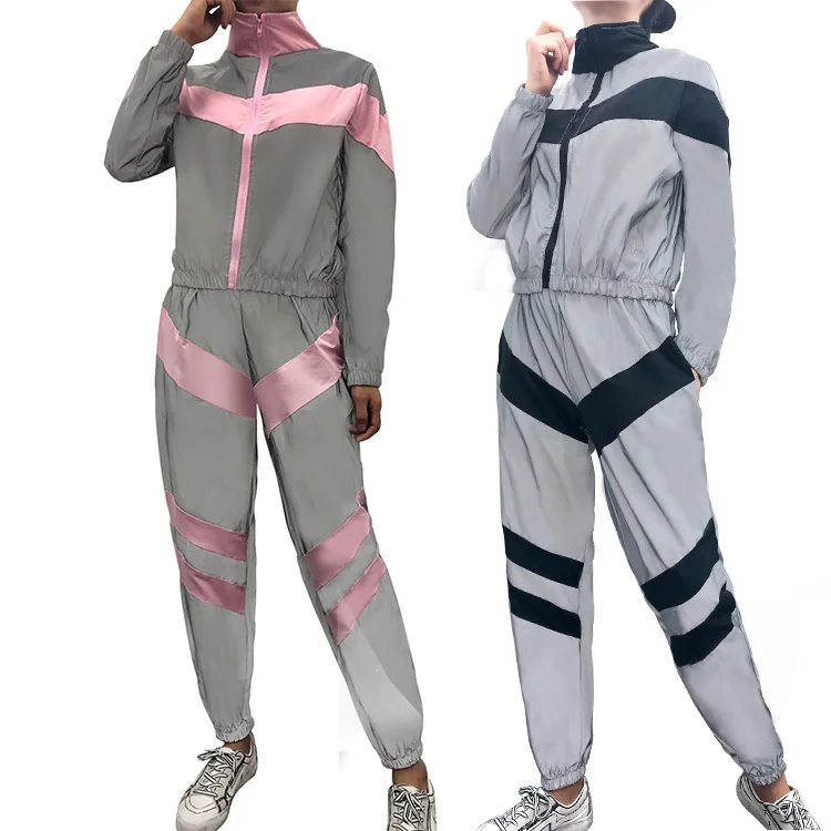

Women Matching Sets Tracksuit Zip Crop Top Reflective Strip Patchwork 2 Piece Set for Women Casual 2 Piece Outfits for Women