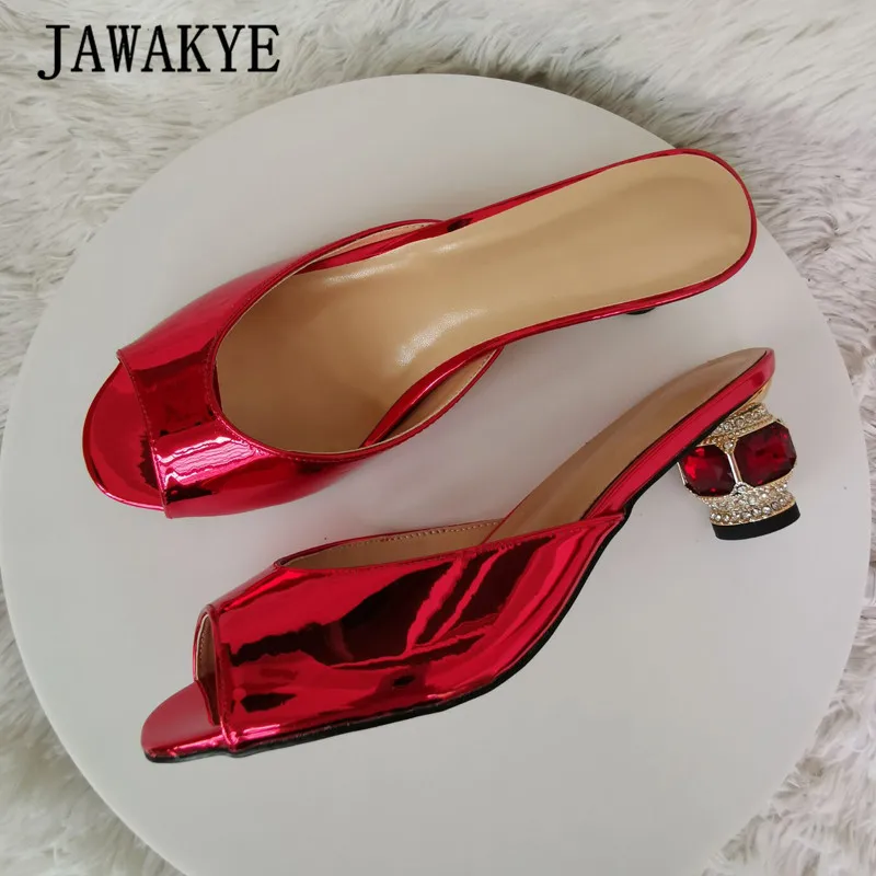 

Luxurious Mirror Diamond Heels Women Slippers Patent Leather Peep Toe Runway Summer Shoes Rose Red Green Gemstone Dress Slides