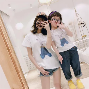 

Cute Rabbit Printed Tees Summer T-shirts Family Matching Clothes Father Mother Girls Boys Kids Adult Gifts Mommy Dad White Tops