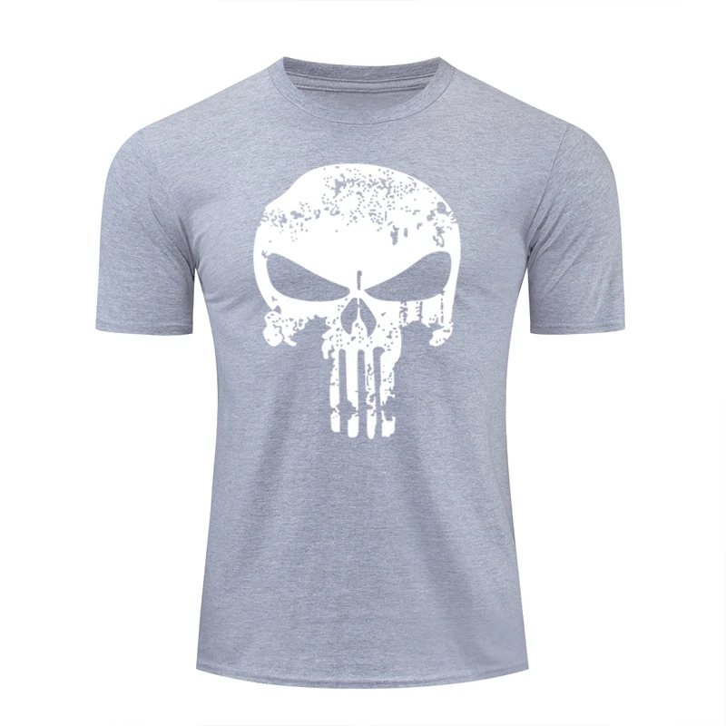 Новая футболка с черепом летняя смешной короткий рукав Футболка с принтом Мужская Каратель футболки с аниме рисунком Homme повседневные топы хлопок одежда - Цвет: gray skull white