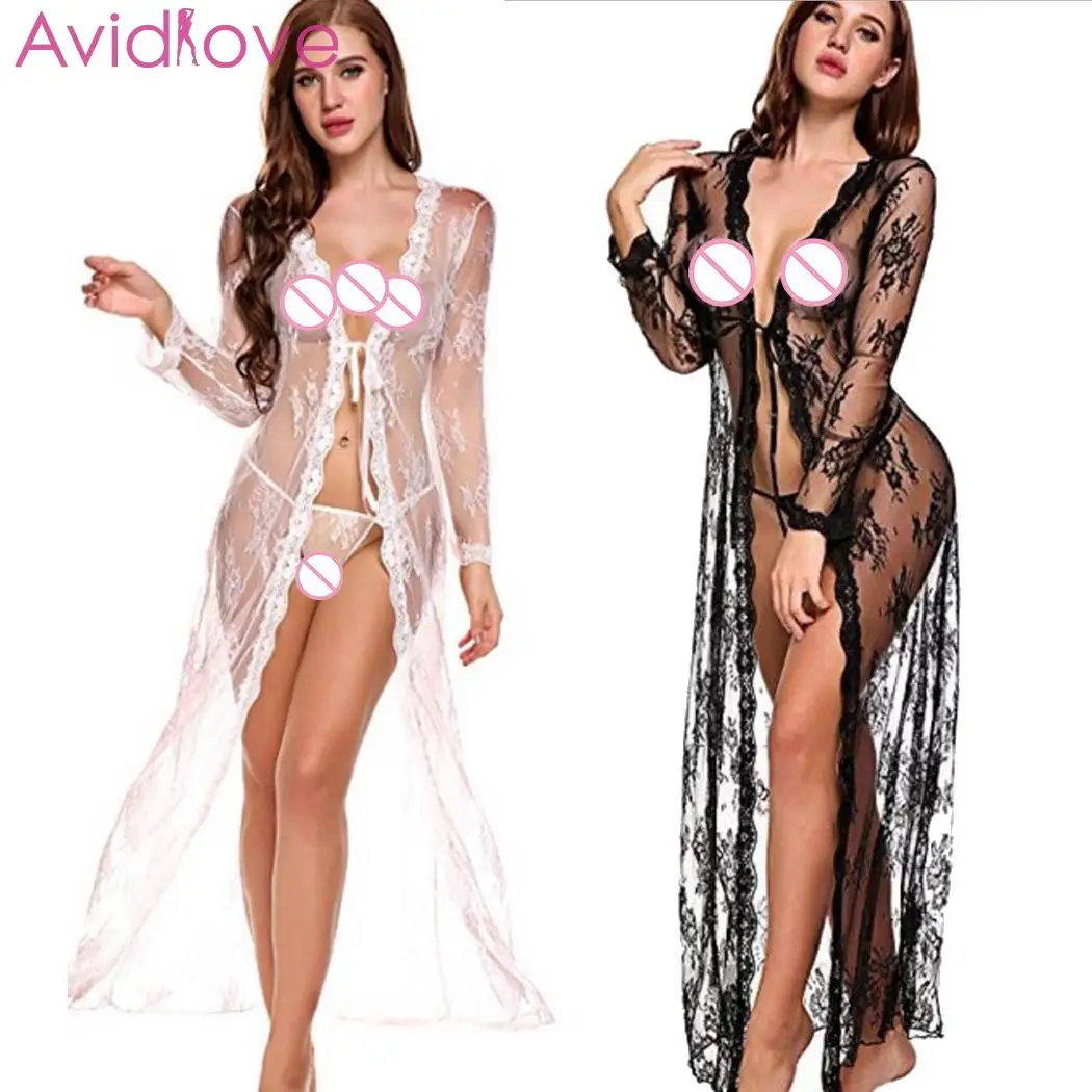 

Women Sexy Lingerie Nightgown Perspective Lace Temptation Sleepwear Female Babydoll Long Sleeve See-Through Exotic Nightdress