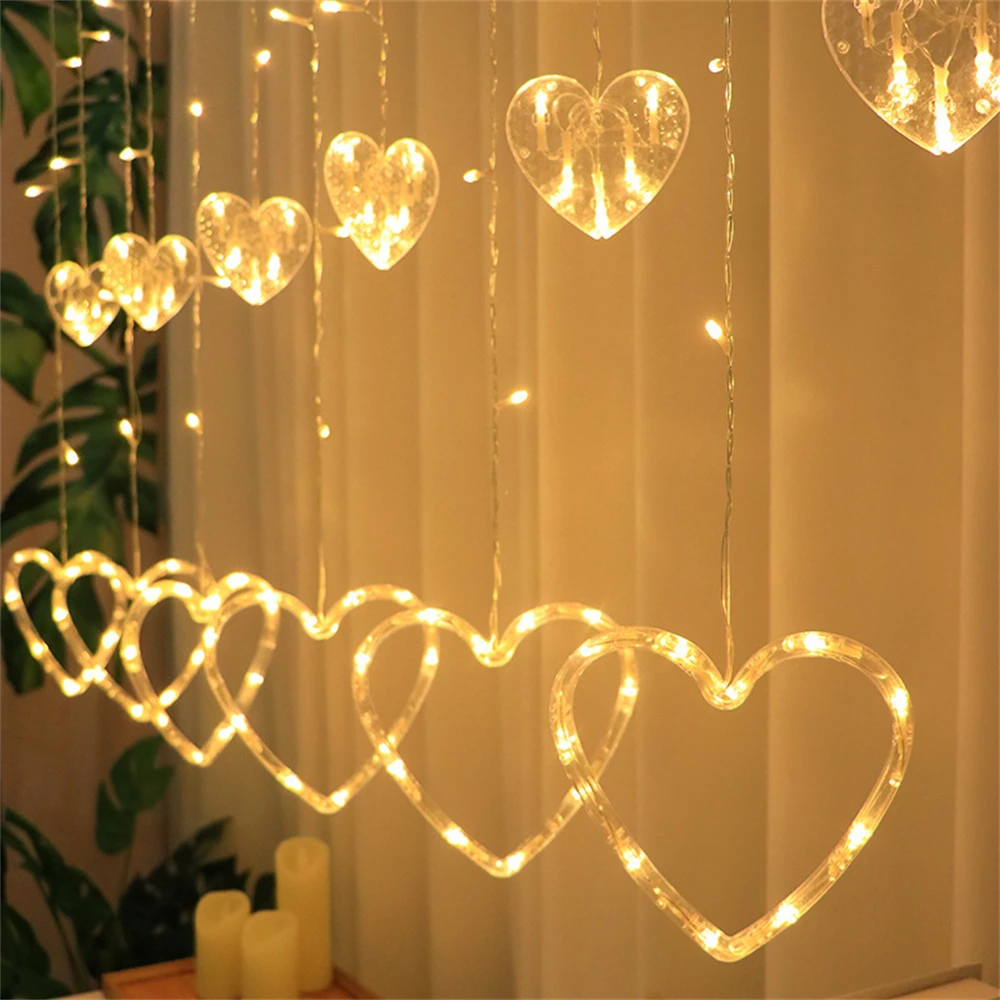 thumbnail image 2 of Cortina de luces con forma de corazón de 2,5 m para bodas, confesión de amor, lámpara de hadas para el día de San Valentín, fiesta de Navidad, ventana, decoración de jardín, 2 of 5