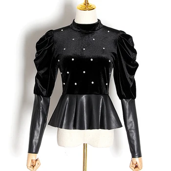 

Women Velvet Shirt Spring Autumn Leather Patchwork Diamonds Decoration Stand Collar Puff Sleeve Tunic Blouse Tops