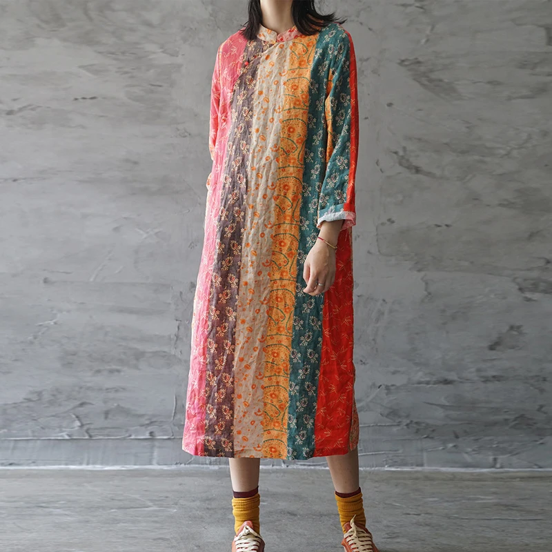 Johnature New Loose Comfortable Stand Button Floral Print Long Sleeve Dress 2021 Autumn Fashion Retro Cotton Linen Women Dresses | Женская
