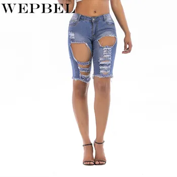

WEPBEL Women Shorts Women Hole Straight Denim Shorts Ripped Casual Sexy Knee Length Jeans Pants