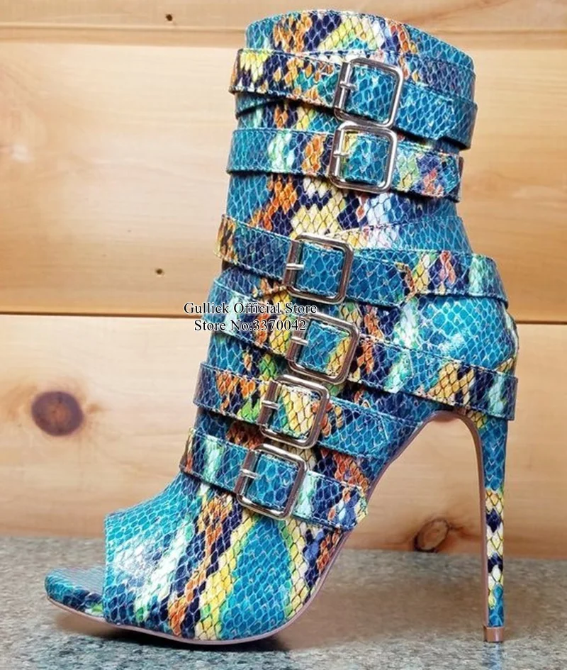 

Multi Color Snake Leather Ankle Boots Peep Toe Printed Python Metal Buckle Strap Short Boots Cut-out Patchwork Dress Shoes