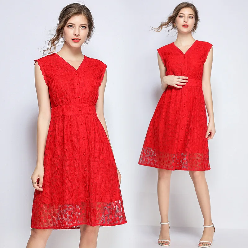 

Solid Color Lace Dress Sleeveless Spring And Summer 2019 New Style Waist Hugging Mid-length V-neck Vest Dress-